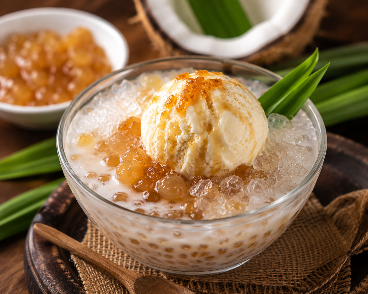 Tapioca pearls in coconut milk & ice cream