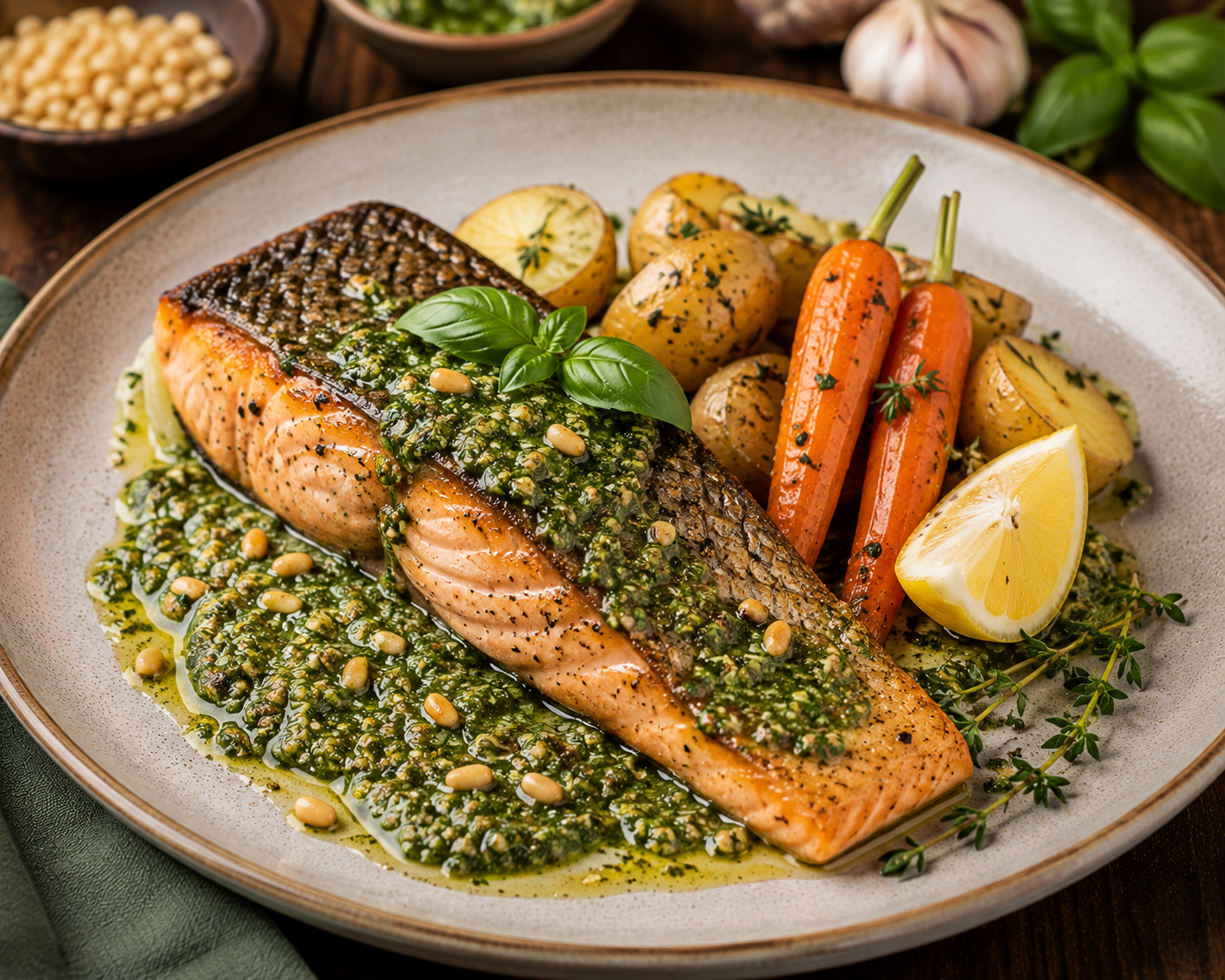 Grilled skin salmon with pesto